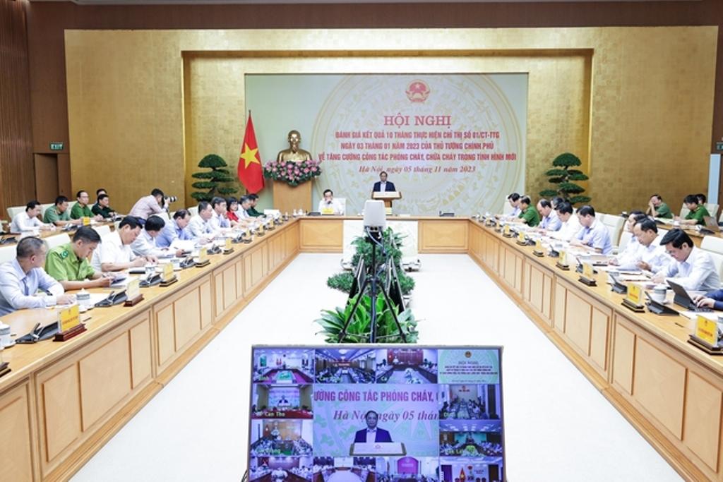 Thủ tướng chủ trì Hội nghị trực tuyến toàn quốc về công tác phòng cháy, chữa cháy. Ảnh: VGP/NHẬT BẮC.